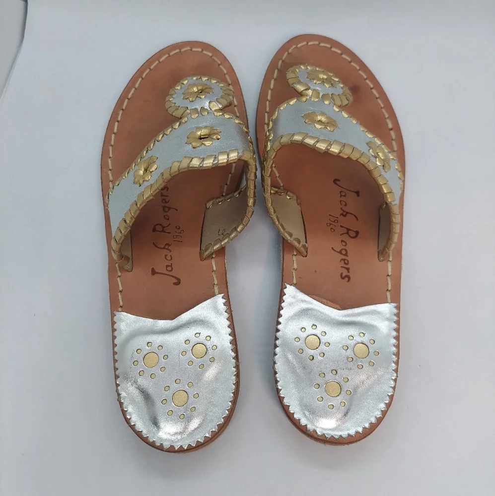 Jack Rogers Women's Sandals Silver Gold Leather Flat Thong Shoes Size 6 Boho
